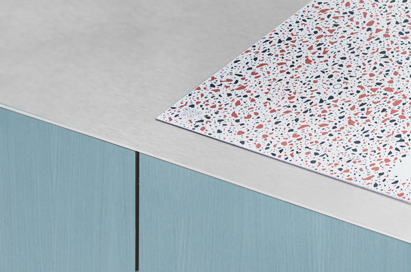 "Blauwe keuken met Terrazzo inductie kookplaat"